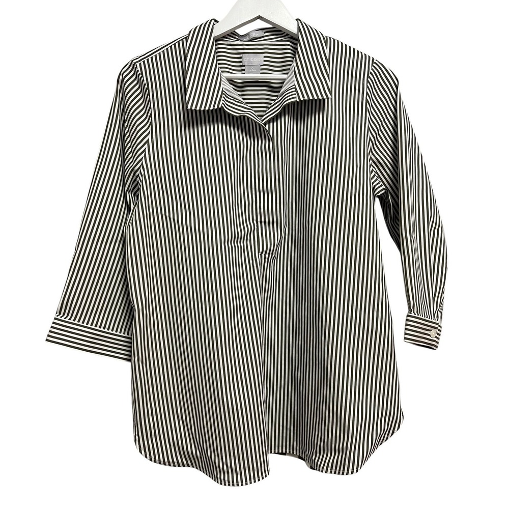 Chico's Tunic Women 4‎ Olive Green Striped No-Iron Chic Stretch Button Back Top